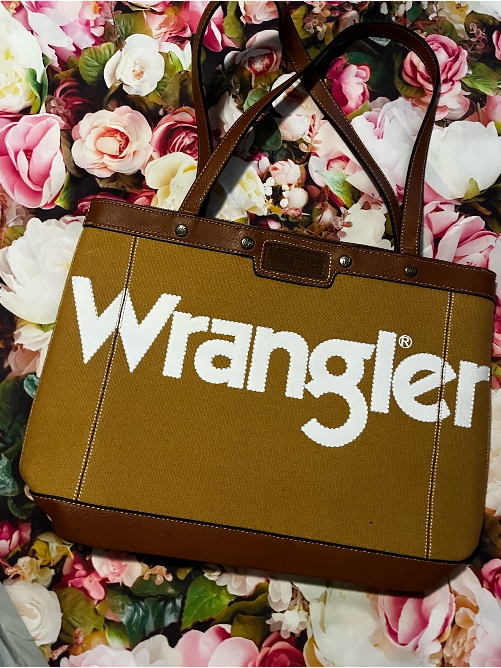 Wrangler Olive-Tan Canvas Tote with Brown Trim and White Logo